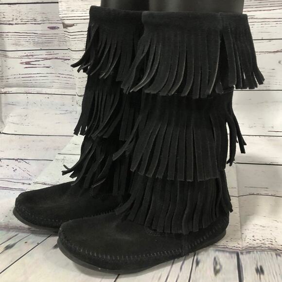 Minnetonka 3-Layer Black Fringe Boot 12" tall cowgirl western size 7 - Picture 8 of 13